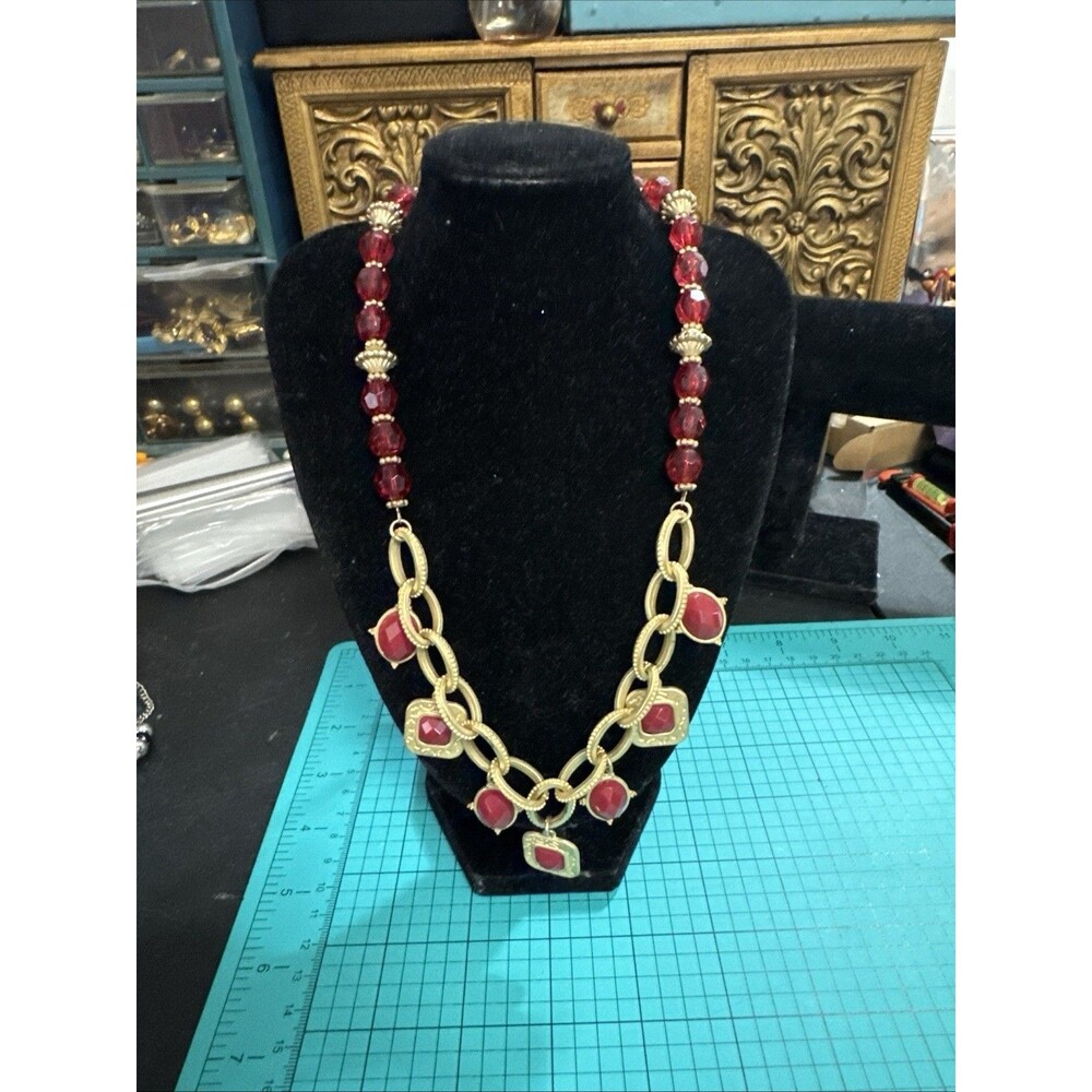 GEORGE BOHEMIAN MATTE GOLD CHAIN RED CABOCHONS RHINESTONES 18-21" NECKLACE
